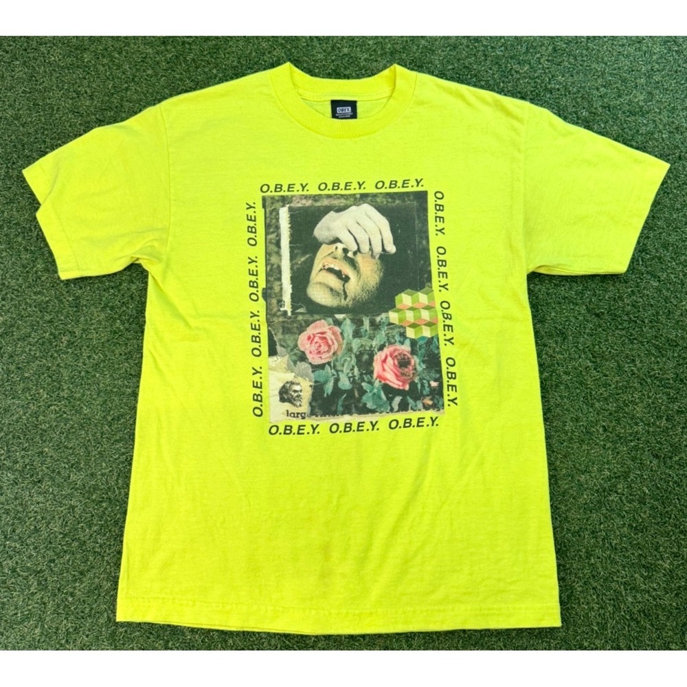 Obey T Shirt Mens Medium Neon Yellow Graphic‎ Print Cotton Casual Everyday Wear